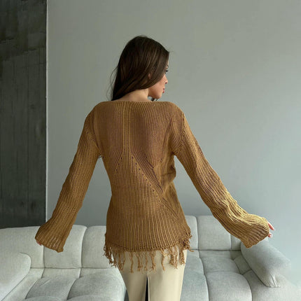 Tassel Mesh Blouse Loose V-neck Long Sleeve See-through T-shirt Knitted Tops Women
