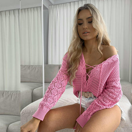 Women's V-neck Sexy Hollow Pullover Top Solid Color Long-sleeved Strappy Top