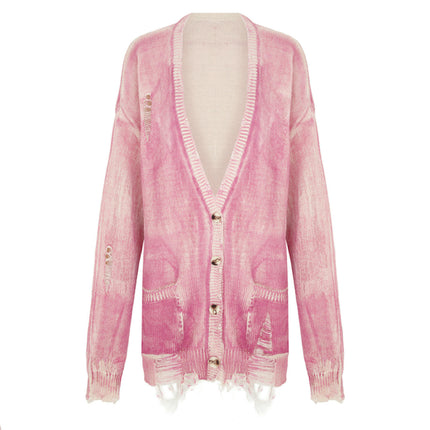 V-neck Tie-dyed Distressed Knitted Jacket Women's Long-sleeved Button Cardigan