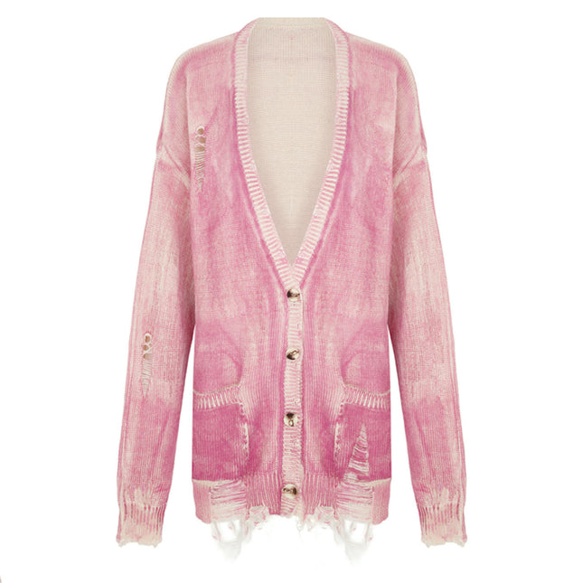 V-neck Tie-dyed Distressed Knitted Jacket Women's Long-sleeved Button Cardigan