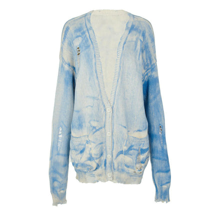 V-neck Tie-dyed Distressed Knitted Jacket Women's Long-sleeved Button Cardigan