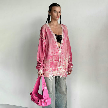 V-neck Tie-dyed Distressed Knitted Jacket Women's Long-sleeved Button Cardigan