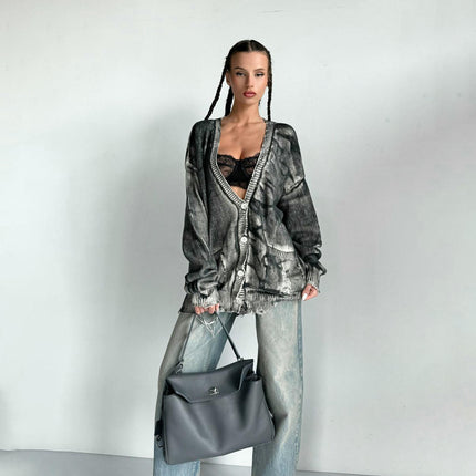 V-neck Tie-dyed Distressed Knitted Jacket Women's Long-sleeved Button Cardigan