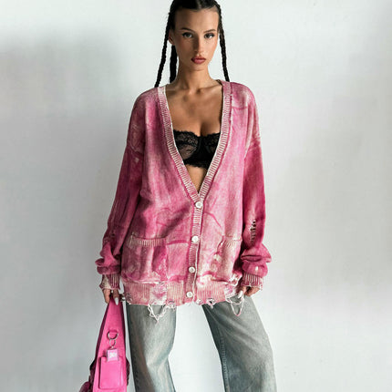 V-neck Tie-dyed Distressed Knitted Jacket Women's Long-sleeved Button Cardigan