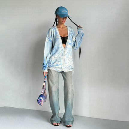 V-neck Tie-dyed Distressed Knitted Jacket Women's Long-sleeved Button Cardigan