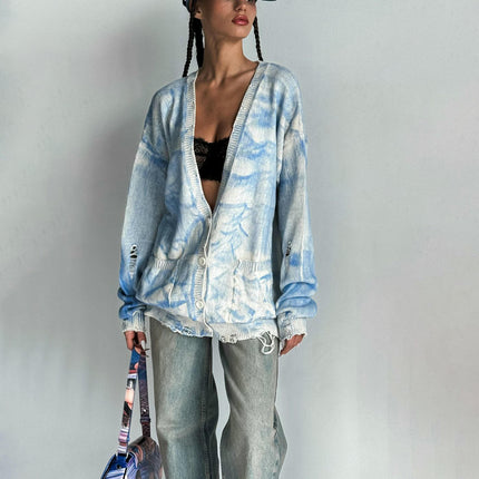 V-neck Tie-dyed Distressed Knitted Jacket Women's Long-sleeved Button Cardigan