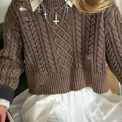 Women's Round Neck Ripped Short Sweater Loose Lazy Style Long Sleeve Pullover