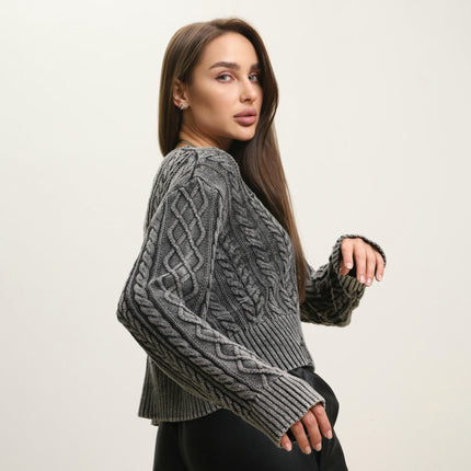 Women's Round Neck Ripped Short Sweater Loose Lazy Style Long Sleeve Pullover