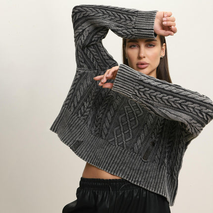 Women's Round Neck Ripped Short Sweater Loose Lazy Style Long Sleeve Pullover