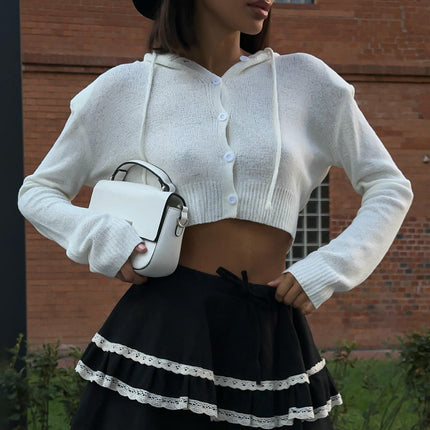 Women's Cropped Navel Hooded Sweater Loose Button Long Sleeve Cardigan Jacket