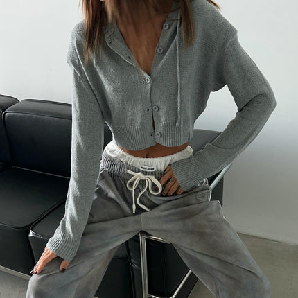 Women's Cropped Navel Hooded Sweater Loose Button Long Sleeve Cardigan Jacket