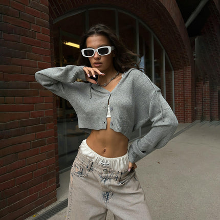 Women's Cropped Navel Hooded Sweater Loose Button Long Sleeve Cardigan Jacket