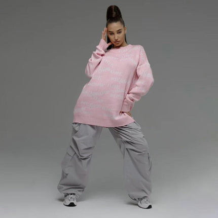 Round Neck Letter Pullover Sweater Women's Loose Long Sleeve Contrast Color Sweater