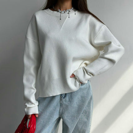 Women's Round Neck Slouchy Top Solid Color Long Sleeve Pullover Knitted Sweater