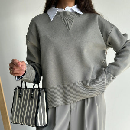 Women's Round Neck Slouchy Top Solid Color Long Sleeve Pullover Knitted Sweater