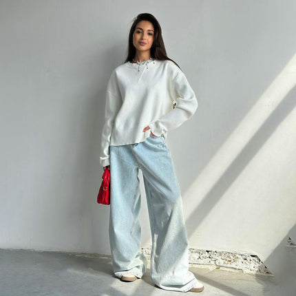 Women's Round Neck Slouchy Top Solid Color Long Sleeve Pullover Knitted Sweater