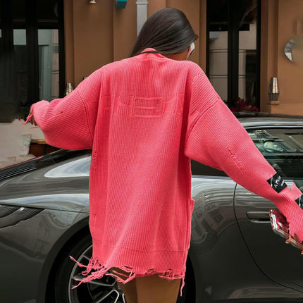 Tattered Tassel Knitted Cardigan Metal Decoration Deep V Neck Button Sweater Women