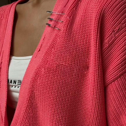 Tattered Tassel Knitted Cardigan Metal Decoration Deep V Neck Button Sweater Women