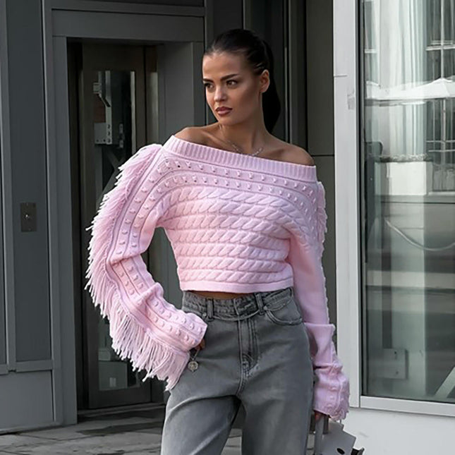 Winter Cable Knit Pullover Sweater Lazy Long Sleeve Tassel Sweater Women