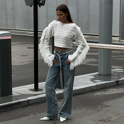 Winter Cable Knit Pullover Sweater Lazy Long Sleeve Tassel Sweater Women