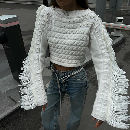 Winter Cable Knit Pullover Sweater Lazy Long Sleeve Tassel Sweater Women