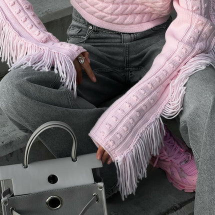 Winter Cable Knit Pullover Sweater Lazy Long Sleeve Tassel Sweater Women