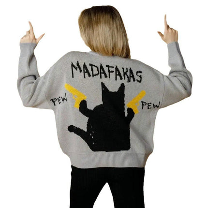 Women's Retro Loose Pullover Kitten Knitted Sweater Lazy Loose Long Sleeve Top