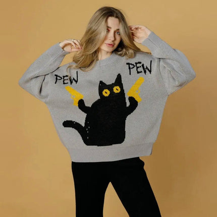 Women's Retro Loose Pullover Kitten Knitted Sweater Lazy Loose Long Sleeve Top