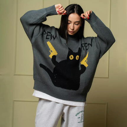 Women's Retro Loose Pullover Kitten Knitted Sweater Lazy Loose Long Sleeve Top