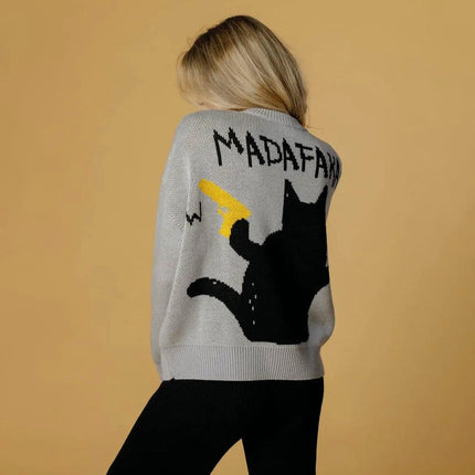 Women's Retro Loose Pullover Kitten Knitted Sweater Lazy Loose Long Sleeve Top