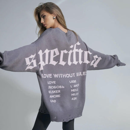 Women's Back Letter Ripped Sweater Lazy Style Long Sleeve Pullover Cardigan