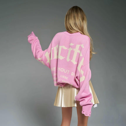 Women's Back Letter Ripped Sweater Lazy Style Long Sleeve Pullover Cardigan