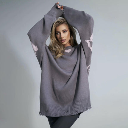 Women's Back Letter Ripped Sweater Lazy Style Long Sleeve Pullover Cardigan