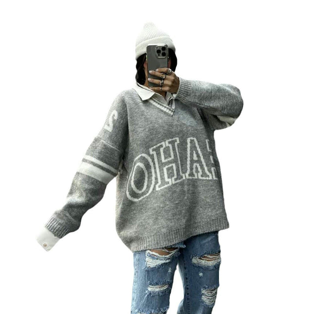 Women's Lazy Style V-neck Letter Knitted Sweater Loose Long-sleeved Pullover Top