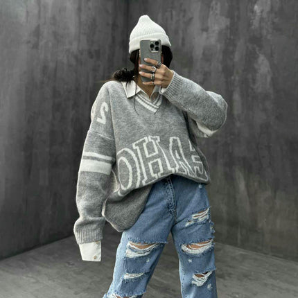 Women's Lazy Style V-neck Letter Knitted Sweater Loose Long-sleeved Pullover Top
