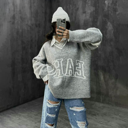 Women's Lazy Style V-neck Letter Knitted Sweater Loose Long-sleeved Pullover Top