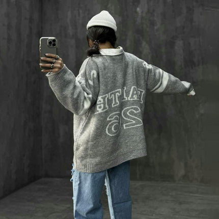 Women's Lazy Style V-neck Letter Knitted Sweater Loose Long-sleeved Pullover Top