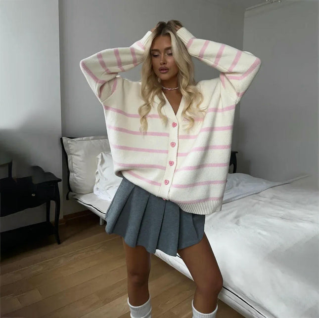 Heart Button Striped Knitted Cardigan V-Neck Long Sleeve Casual Sweater Jacket