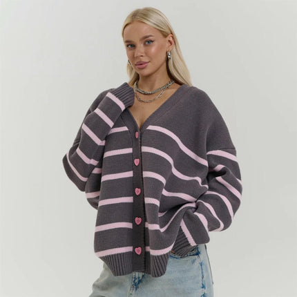 Heart Button Striped Knitted Cardigan V-Neck Long Sleeve Casual Sweater Jacket