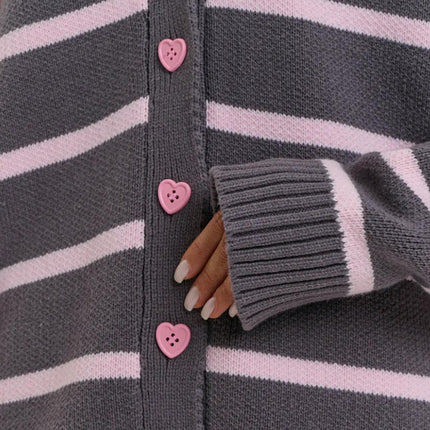 Heart Button Striped Knitted Cardigan V-Neck Long Sleeve Casual Sweater Jacket