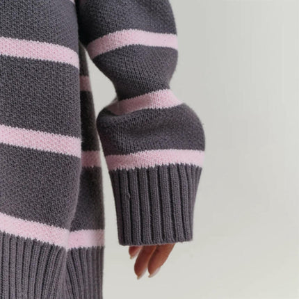 Heart Button Striped Knitted Cardigan V-Neck Long Sleeve Casual Sweater Jacket