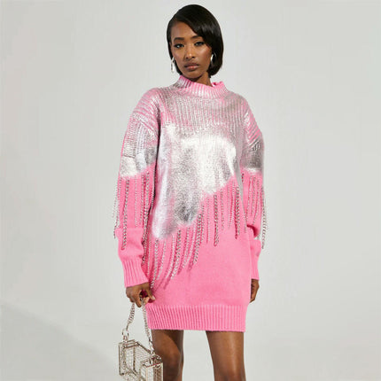 Women's Winter Silver Tassel Sweater Loose Half Turtleneck Long Sleeve Knitted Dress