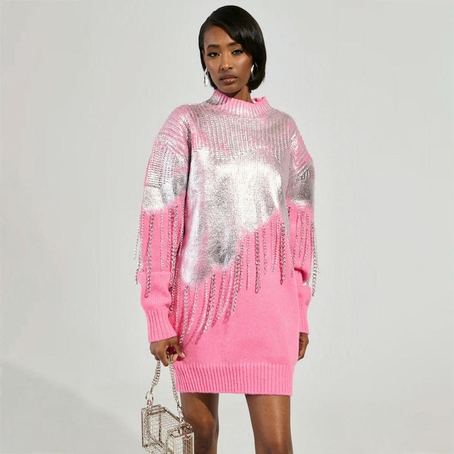 Women's Winter Silver Tassel Sweater Loose Half Turtleneck Long Sleeve Knitted Dress