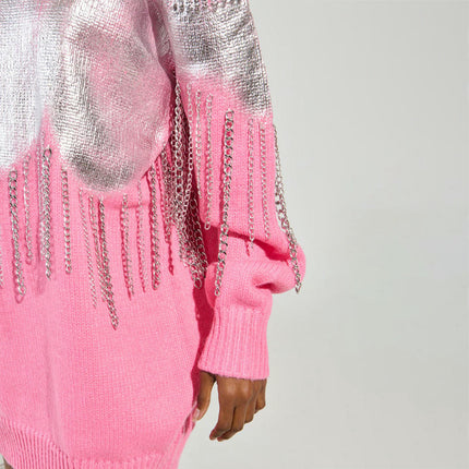 Women's Winter Silver Tassel Sweater Loose Half Turtleneck Long Sleeve Knitted Dress