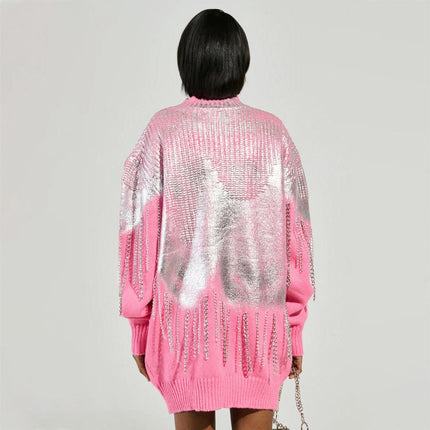 Women's Winter Silver Tassel Sweater Loose Half Turtleneck Long Sleeve Knitted Dress
