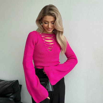 Sexy Deep V Neck Sweater Solid Color Trumpet Long Sleeve Front Tie Top Women