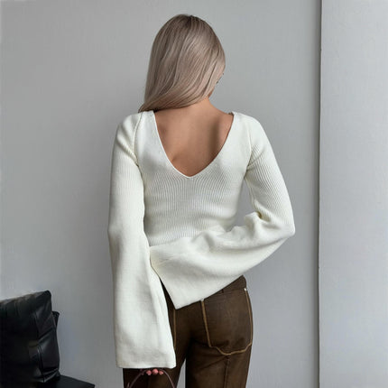 Sexy Deep V Neck Sweater Solid Color Trumpet Long Sleeve Front Tie Top Women