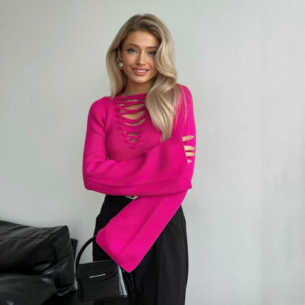 Sexy Deep V Neck Sweater Solid Color Trumpet Long Sleeve Front Tie Top Women