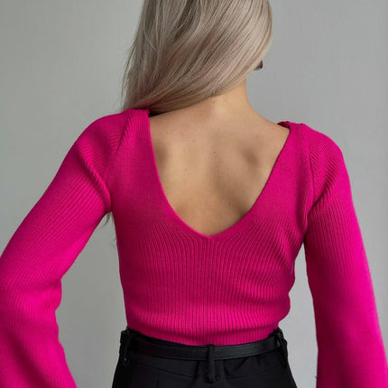 Sexy Deep V Neck Sweater Solid Color Trumpet Long Sleeve Front Tie Top Women