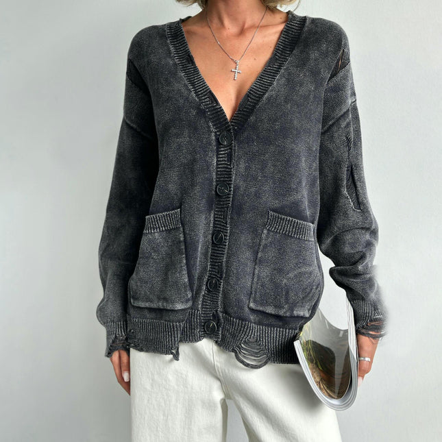 Women's Tattered Knit Cardigan Jacket Vintage Button Pocket Knit Sweater Winter